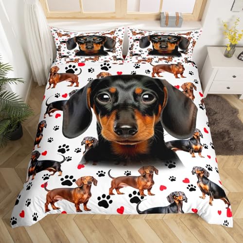 Cute Dachshund Dog Duvet Cover Set Queen Size,Cartoon Dog Paw Print Red Love Heart Bedding Set for Kids Boys Girls Teens Room Decor,Family Pet Animals Comforter Cover Black White Quilt Cover 3Pcs