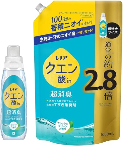 【まとめ買い】 P&G レノア クエン酸in 超消臭 すすぎ消臭剤 フレッシュグリーン 本体 430mL 詰め替え 1080mL