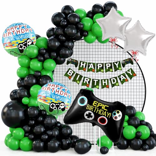 Image of Rozi Decoration Gaming Birthday Party Decorations, 46 Pieces, Black and Green Balloons, Happy Birthday Banner, Game Controller Foil Balloons, Video Game Theme