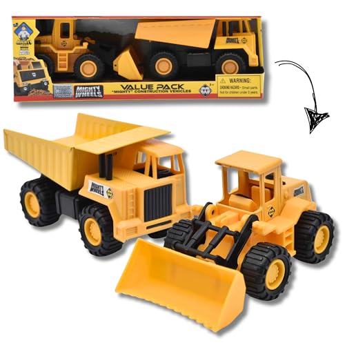 Image of Mighty Wheels Steel Twin Pack of 4.75" Truck Toys - 1 x Dump Truck, 1 x Front Loader - Construction Toys for 3+ Year Old Boys and Girls
