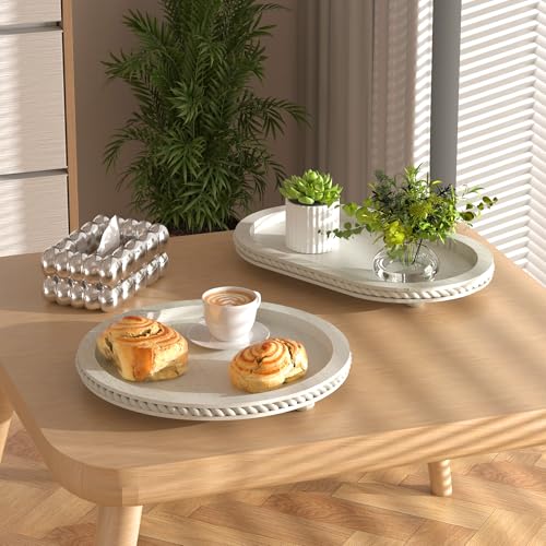 Urban Deco Wooden Tiered Tray, Oval and Round Tray Set of 2, Farmhouse Vintage Decorative Tray Stand for Coffee Table, White Serving Tray for Living Room Kitchen Home Decor - 1 Set — view 2