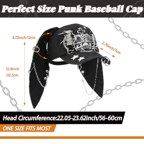 Image of Y2k Hat Punk Hats Denim Bunny Hat Chains Distressed Baseball Cap Kpop Outfits Y2k Grunge Hats for Women