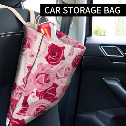 Image of Car Trash Can, Cute Car Trash Bag, Hanging Car Organizer and Storage Bag, Trash Bin for Car Accessories, Vehicle, Travelling, Camping Red Pink Roses
