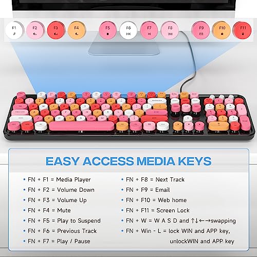 Image of Atelus USB Wired Computer Keyboard - Retro Typewriter Keyboard - Full Size Office Keyboard with Number Pad, Caps Indicators, Foldable Stands, for PC Laptop Desktop Windows (Black Colorful)