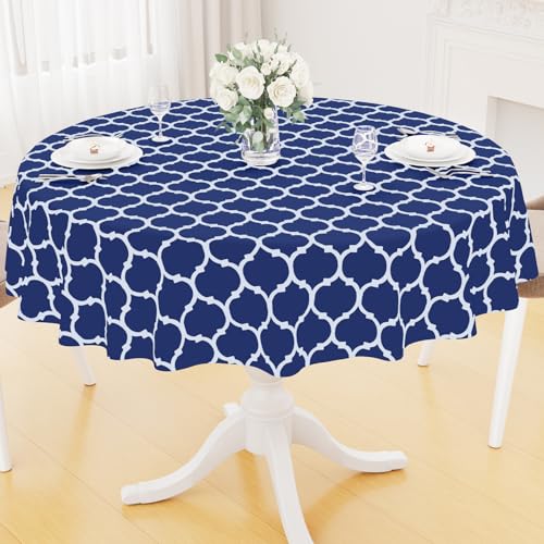 Image of Smiry Round Table Cloth, Flannel Backed Vinyl Tablecloth, 60 inch Round | Waterproof Plastic Tablecloths, Wipeable Table Cover for Dining, Indoor and Outdoor (Navy)