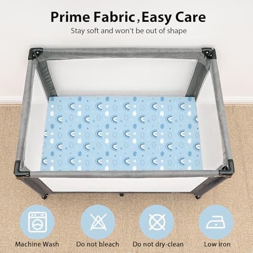 Image of Baby Mini Crib Sheets Boy, Portable 38 inchx26 inch Pack and Play Sheets Fitted for Playard and Pack N Play Mattress, 3-Pack Soft Microfiber Blue Cloud Animals