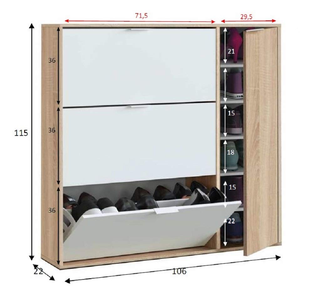 Mobile scarpiera 115Hx106Lx22P Cm 3 ante a ribalta e 1 anta con 5 ripiani interni colore rovere e bianco capacità 30 paia
