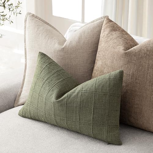 Image of Foindtower Set of 2 Decorative Linen Check Throw Pillow Covers Neutral Farmhouse Lumbar Cushion Covers Modern Boho Home Decor for Sofa Chair Couch Bedroom Living Room,12x20 Inch,Sage Green