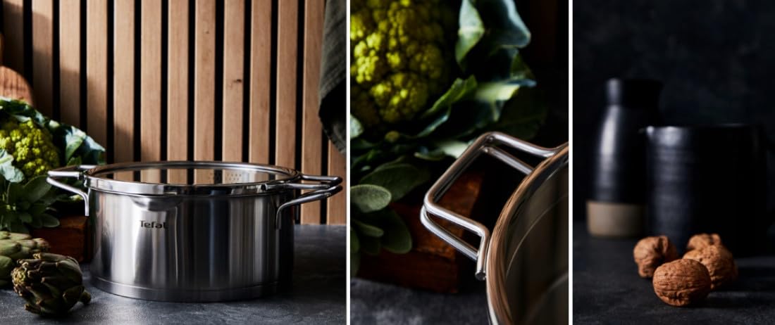 Tefal Nordica 10-teiliges Topfset, Kochgeschirr-Set, Stielkasserolle 16 cm + Kochtöpfe 18/20/22/24 cm aus Edelstahl + Glasdeckeln, Ausgießer, einfaches Abtropfen, Induktion