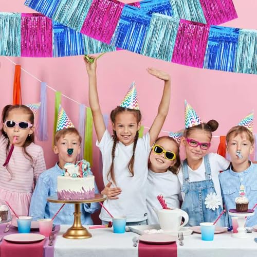 Image of BEISHIDA 3 Packs Metallic Foil Fringe Garland Mix Blue Pink Wall Hanging Tinsel Fringe Banners for Car Floats Birthday Baby Bridal Shower Wedding Graduation Holiday Party Decoration(30 Feet)