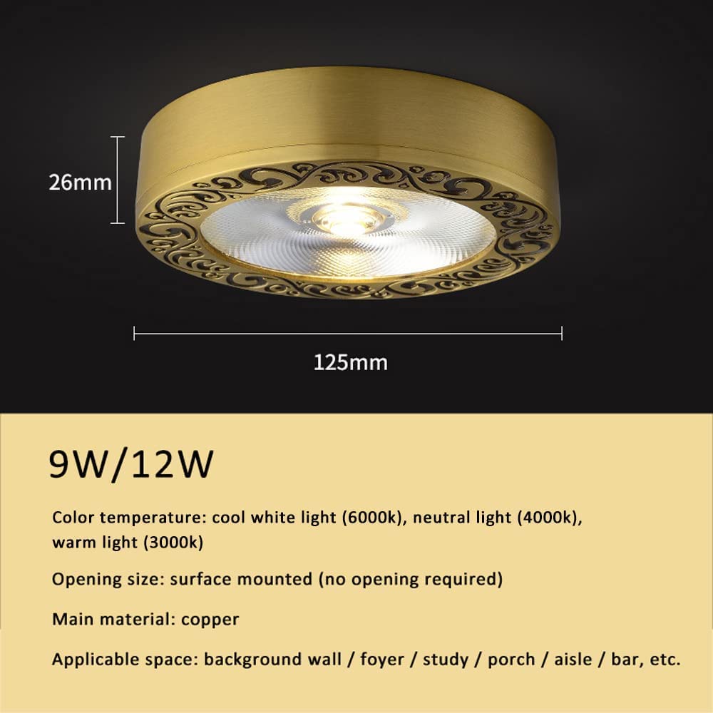 Lot de 5 Spots LED encastrés en saillie pour intérieur, 3W, 7W, 9W, 12W, en Laiton, directionnels, compatibles COB, avec éclairage Disque 6000K, 4000K, 3000K et 9W-4000K (12W-,12w-4000k