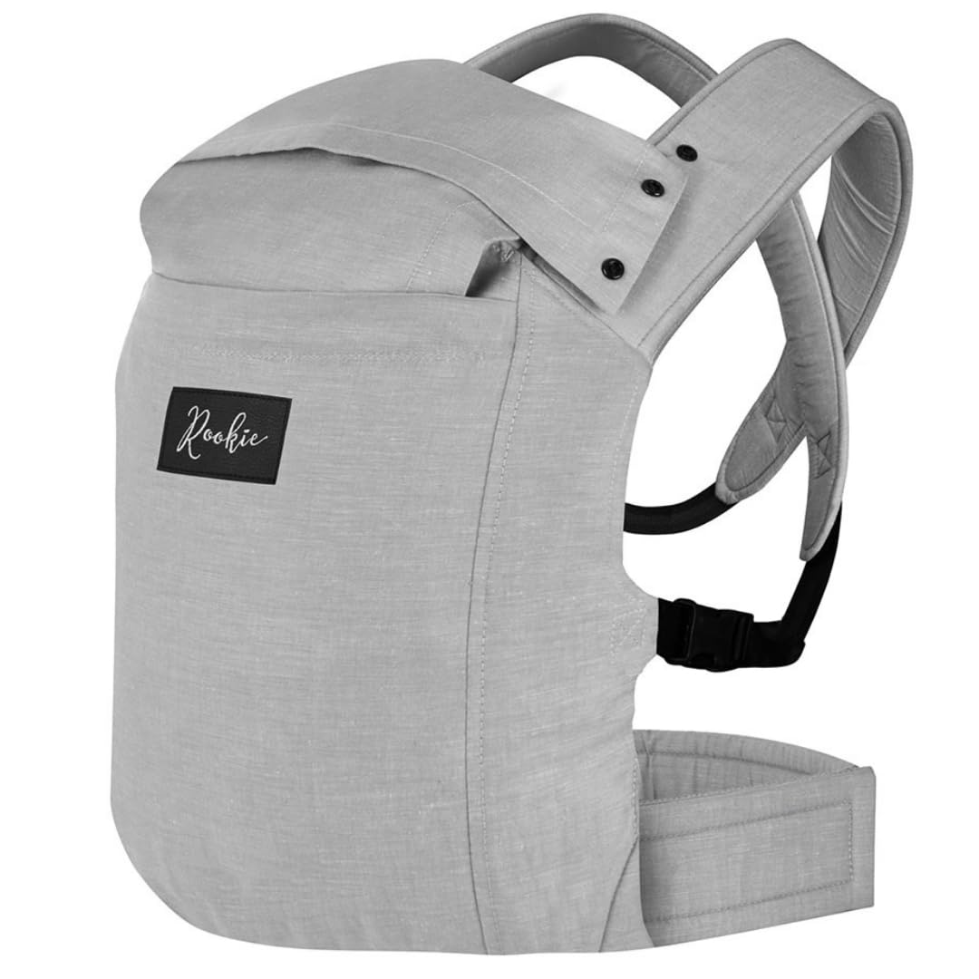 ROOKIE Baby Noszenie Premium – designerskie nosidełko na brzuch – certyfikowana bawełna ekologiczna – ergonomiczny z regulowanym mostkiem – dla noworodków od urodzenia do 15 kg (szary)