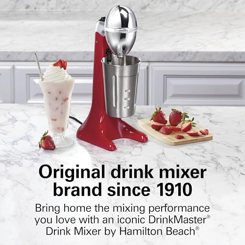 Image of Hamilton Beach DrinkMaster Electric Drink Mixer, Retro Milkshake Maker & Milk Frother, 2 Speeds, Extra-Large 28 oz. Stainless Steel Cup, Red