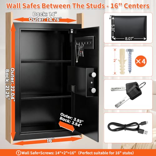 Image of Black 22.05 inch Tall Wall Safes Between Studs 16 inch Centers with Fireproof Bag