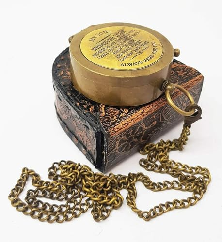 Brújula de bronce vintage con mensaje grabado personalizado, diseño náutico con cadena y estuche de cuero antiguo miniatura 2
