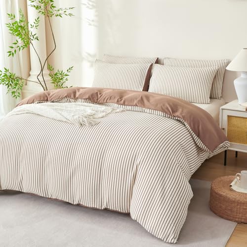 Image of Brown Striped Comforter Set Queen - 3 Pieces Bedding Comforter Set for All Season, Soft Lightweight Washed Microfiber, 1 Striped Comforter and 2 Pillowcases (Brown, Queen Size)