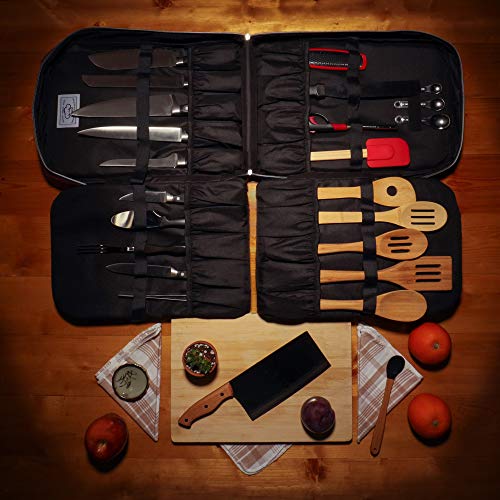 Chef Knife Bag Vintage Backpack | 30+ Pockets for Knives & Kitchen Utensils Tools | Large Pockets for Tablets & Notebooks | Great Gift for Executive Chefs & Culinary Students (Red)