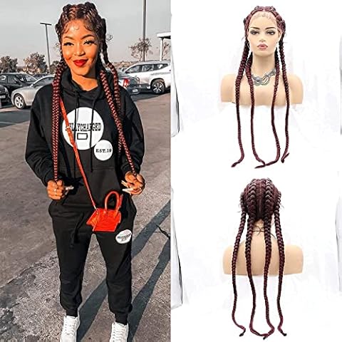 Peluca Trenzada Larga de Color Rojo Vino con Encaje Frontal Cover