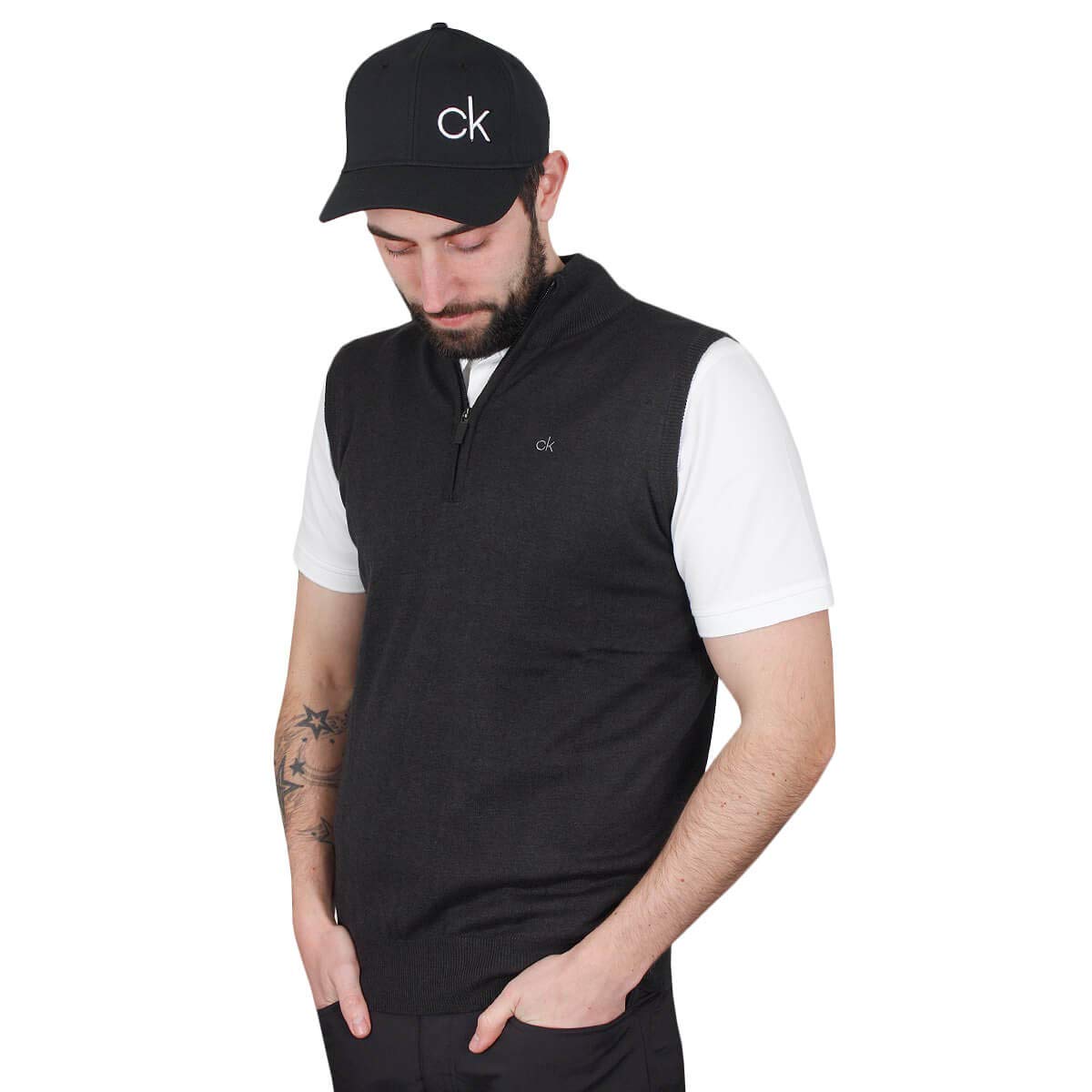 Calvin Klein Men's Charcoal Golf Ck 1/4 Zip Sleeveless Sweater Vest - Small