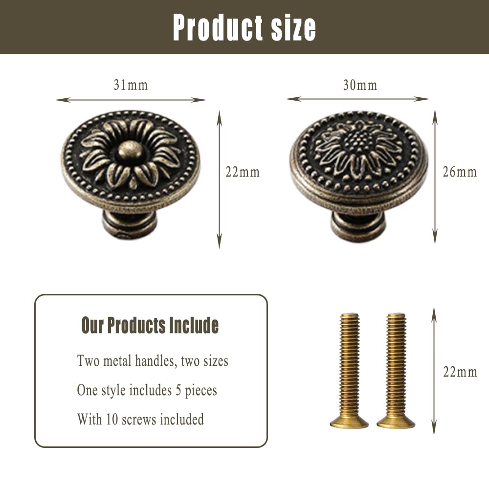 MSLSOZ Antique Bronze Cabinet Knobs, Vintage Pulls, 2 Pattern Combinations, Cupboard Wardrobe Hardware, 10-Pack - Image 2