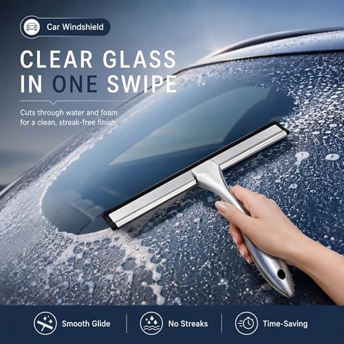 Image of Shower Squeegee for Glass Doors, Stainless Steel Bathroom Squeegee with 3 Kinds of Waterproof Adhesive Hooks, 10 Inch Window Mirror Tile Wall Car Glass Cleaner Tool, Streak-Free Silicone Blade