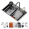 Kitchen Sink Black Square Flying Rain Waterfall Sink 304 Stainless Steel Single Bowl Sinks Undermount Workstation Sink With Pull-Down Faucet Cup Washer (Color : Black, Size : BLACK-31.5 * 17.7In)