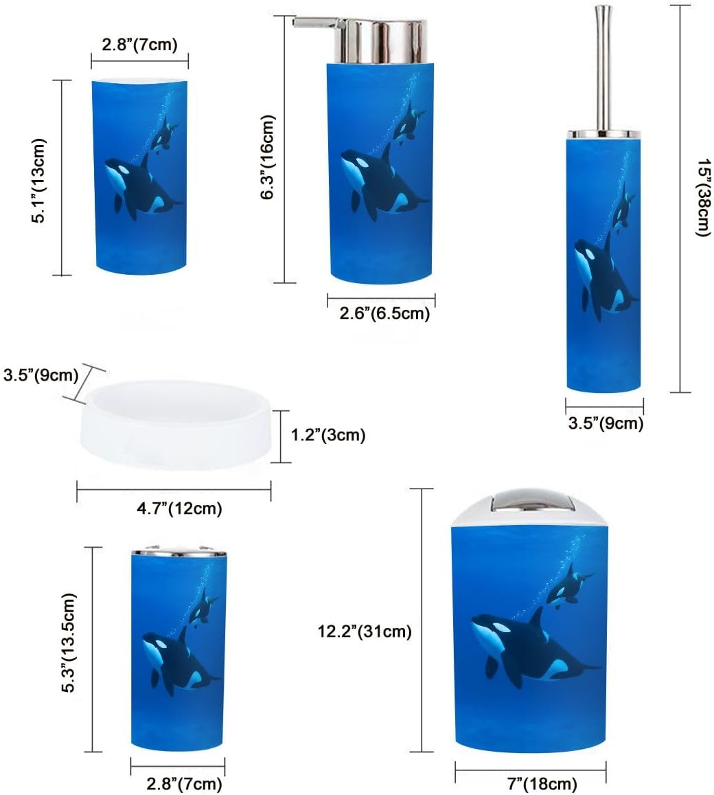 Bathroom Accessory Set 6 Piece Boho Killer Whale orcinus orca Mother Calf Trash Can, Toothbrush Holder, Soap Dispenser, Soap Dish, Toothbrush Cup, Toilet Brush Holder