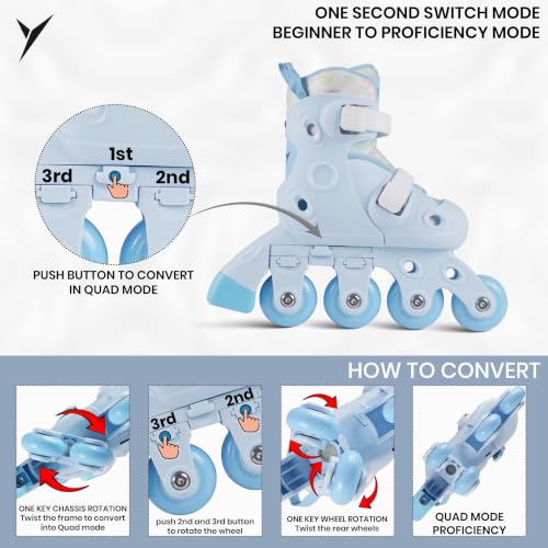 Image of Jaspo Novice 2-in-1 Kids Roller Skates Combo- Inline to Quad Convertible | Adjustable Size | PU Wheels | Fiber Body | Lightweight & Comfortable Skating Combo (Blue, Extra Small)