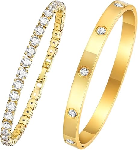 Women's Tennis Bracelet Cubic Zirconia Bangle 2 Pieces Bracelet for Women Stainless Steel 6 mm Wide 17/19 cm Bracelets Jewellery Gift Silver Gold for Mum Friend Daughter (Gold)