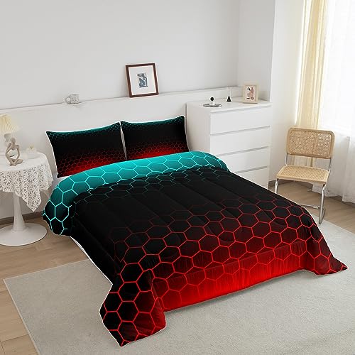 Image of Red Blue Ombre Bedding Set Queen, Geometric Honeycomb Comforter Set Abstract Ombre Honeycomb Comforter Beehive Hexagon Duvet Set with 2 Pillow Case