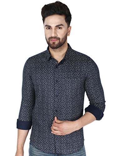 SKAVIJ Men's Dress Shirt Slim Fit Casual Floral Print Shirt Long Sleeve Button Down Shirts (Medium, Navy)