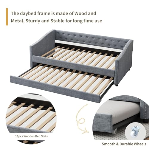 FAVSH Twin Size Upholstered Daybed with Trundle,Tufted Sofa Bed w/Button on Back and Piping on Waved Shape Arms for Bedroom Guest Room, No Box Spring Needed,Light Grey