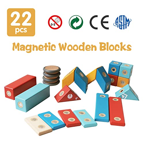 Magblock Magnetic Wooden Blocks Set, 22 Pieces Stem Travel Creativity Magnet Block Toys For 3 4 5 Year Old Age Girls Boys #TOP3