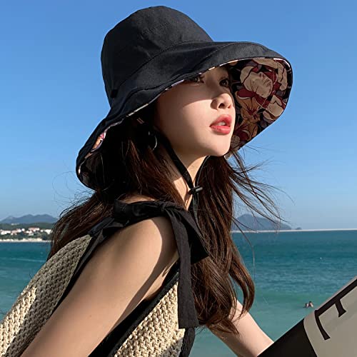 Huamulan Women Wide Brim Summer Sun Hat Wired Edge Floral Beach Bucket Hats Reversible Foldable Fishing Travel Uv Protection Lady Hat Windproof Chin Cord String #TOP7