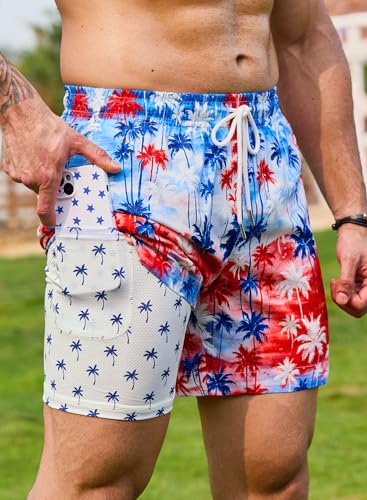 Image of Men's 5'' Swim Trunks with Compression Liner Graphic Beach Dry Fit Lightweight Bathing Shorts (S-XXL)