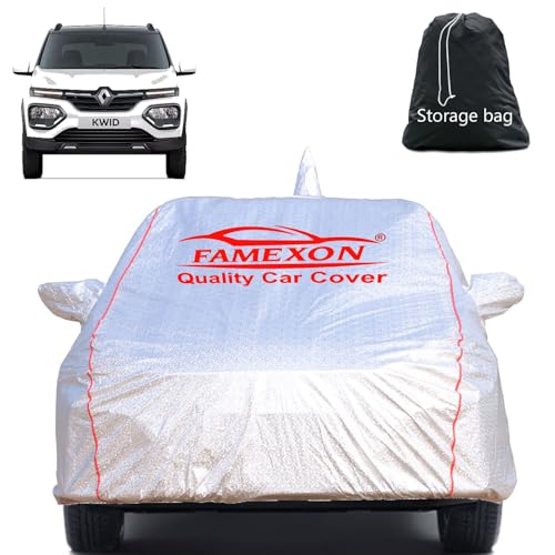 Image of Full Body Car Cover for Renault Kwid with Mirror and Antena Pocket Triple Stiched(Silver with Red Piping)