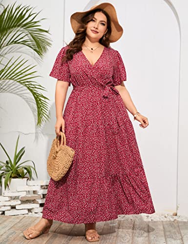 Image of ShopWonder Womens Plus Size V Neck Wrap Maxi Dress High Waist Ruffle Summer Casual Dress with Belt