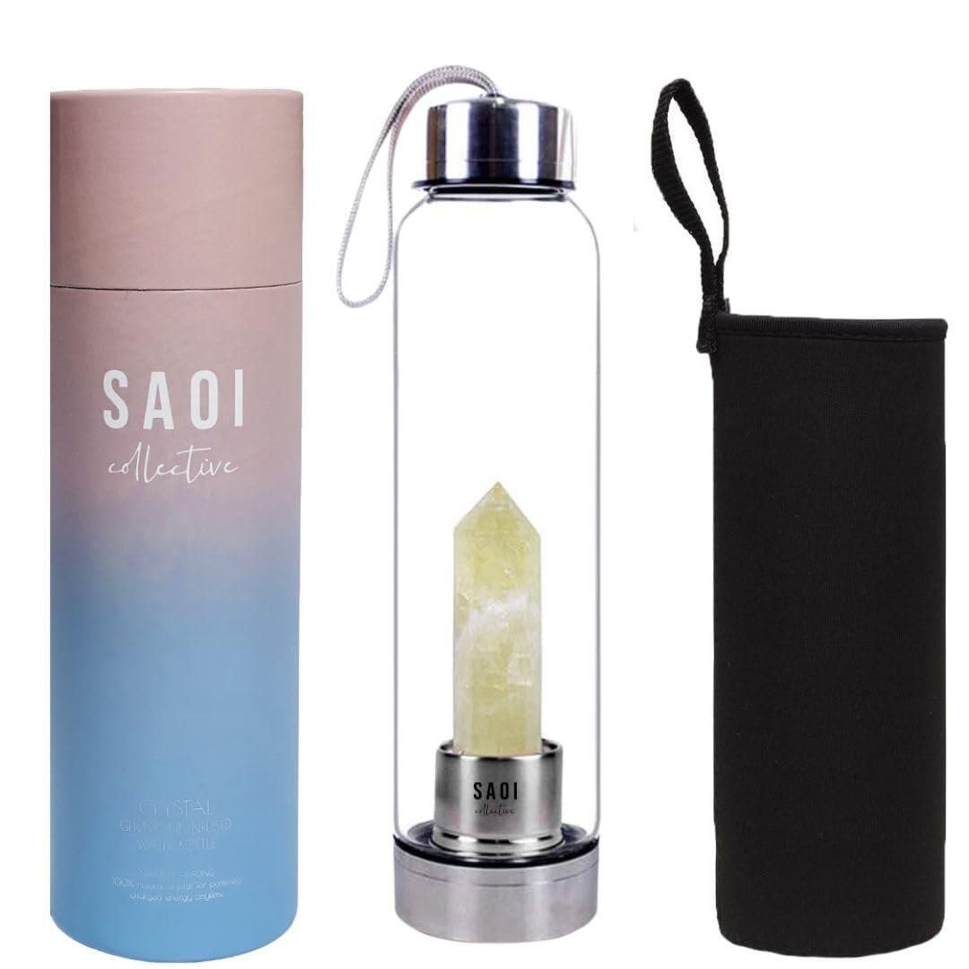 SAOI Crystal Water Bottle - Citrine - Natural Wellness Healing - Glass/Stainless Steel