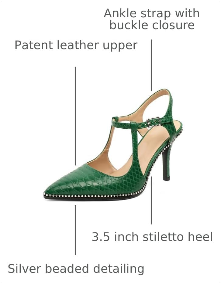 Image of SAMMITOP Womens High Heels Ankle Strap Pointed Toe Stilettos Patent Leather Beaded Pumps Dress Shoes 3.5 Inch