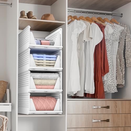 Image of Sorbus 4 Pack Medium Shelf Organizer with Open Front Design Under Shelf for Closet Bathroom Kitchen Garage Plastic Stackable Storage Baskets
