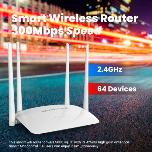 Image of 300Mbps Smart Single Band WiFi Router | Range Extender | 4 * 5dBi high-gain Antennas | 64 Users simultaneously | 5000 sq. feet Coverage | Guest Network | Parental Control.