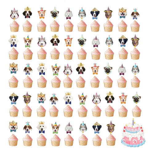 Axvxby 48 Stück Kuchen Topper, Hund Geburtstagskuchen Kuchen Topper, Kuchen und Cupcake Topper, Haustier Geburtstag für Party Dekoration