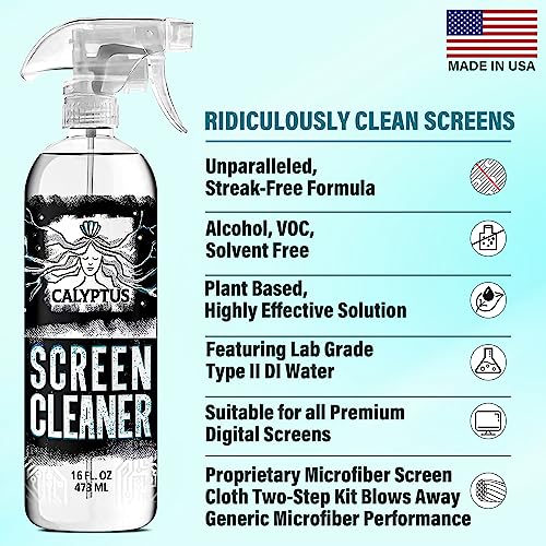 Calyptus Screen Cleaner Mobile Kit | 16 Ounces Spray + 2 Screen Cloths | Screen Spray Cleaners | Computer, Phone, Laptop, Monitor, Macbook, Tablet, Tv, Glasses, And Iphone Cleaning | Made In Usa #TOP1