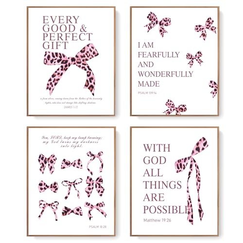 Image of LARTSFRO Coquette Pink Leopard Bow Wall Art Decor Posters, Y2K Cheetah Leopard Bow Room Bedroom Bathroom Dorm Wall Art Decor Aesthetic for College Teen Girls Gifts, Inspirational Bible Verses Bow Wall Decor, 10x8 Inch Set of 4 Pcs Cheetah Bow Pictures (UNFRAMED)