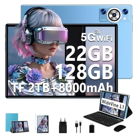 Tablet 10 Zoll Android 14 Tablet mit Tastatur, Octa-Core 2.0Ghz, 5G+2.4G WLAN, 22GB RAM+128GB ROM TF 1TB, 8000mAh, BT 5.0, GPS, Widevine L1, Gesichtserkennung, 1280*800, 8+5MP, Tablet mit Maus, Blau