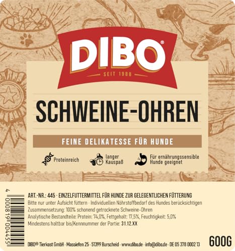 DIBO Schweine-Ohren - gesunder, natürlicher Kau-Snack für Hunde, 100% natürlich, schonend getrocknet, 600g Klarsichteimer