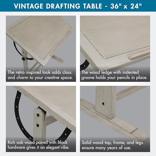 Image of Studio Designs Vintage Drawing /Drafting Table with Pencil Ledge - 36 inch W x 24 inch D - Coastal Whitewash - Adjustable Tilting Top