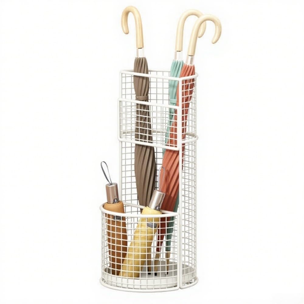 BHFPFZA Freestanding Metal Umbrella Stand Rack with Water TrayMultipurpose Hollow Drain Holder for Entrance and Office Use (White)