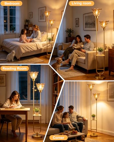 Image of Glass Floor Lamp with Shelf 2-Lights Gold Floor Lamp with Amber Glass Shade, Mid Century Modern Standing Tall Lamps with Foot Switch for Living Room Bedroom Home Office Decor (Bulbs Included)