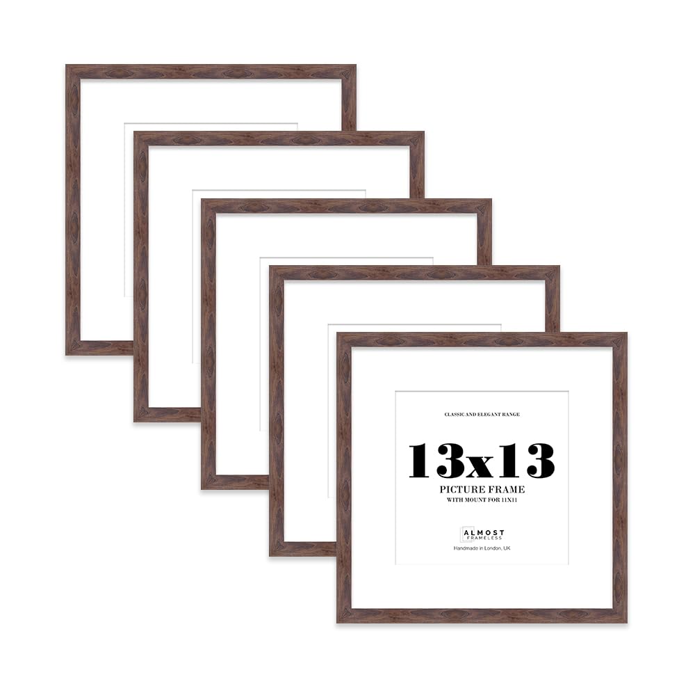 13x13 Walnut Picture Frame with Mount for 11x11 Photos, Prints - Modern Square Wall Frame, Set of 5